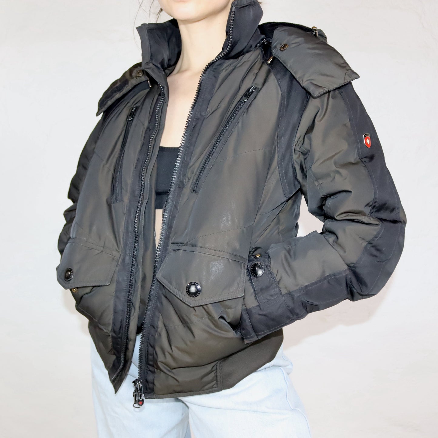 Vintage 00er Y2K WELLENSTEYN Winterjacke gefüttert mit Kapuze schwarz khaki metallic S
