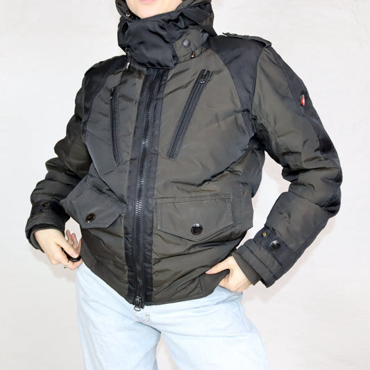 Vintage 00er Y2K WELLENSTEYN Winterjacke gefüttert mit Kapuze schwarz khaki metallic S