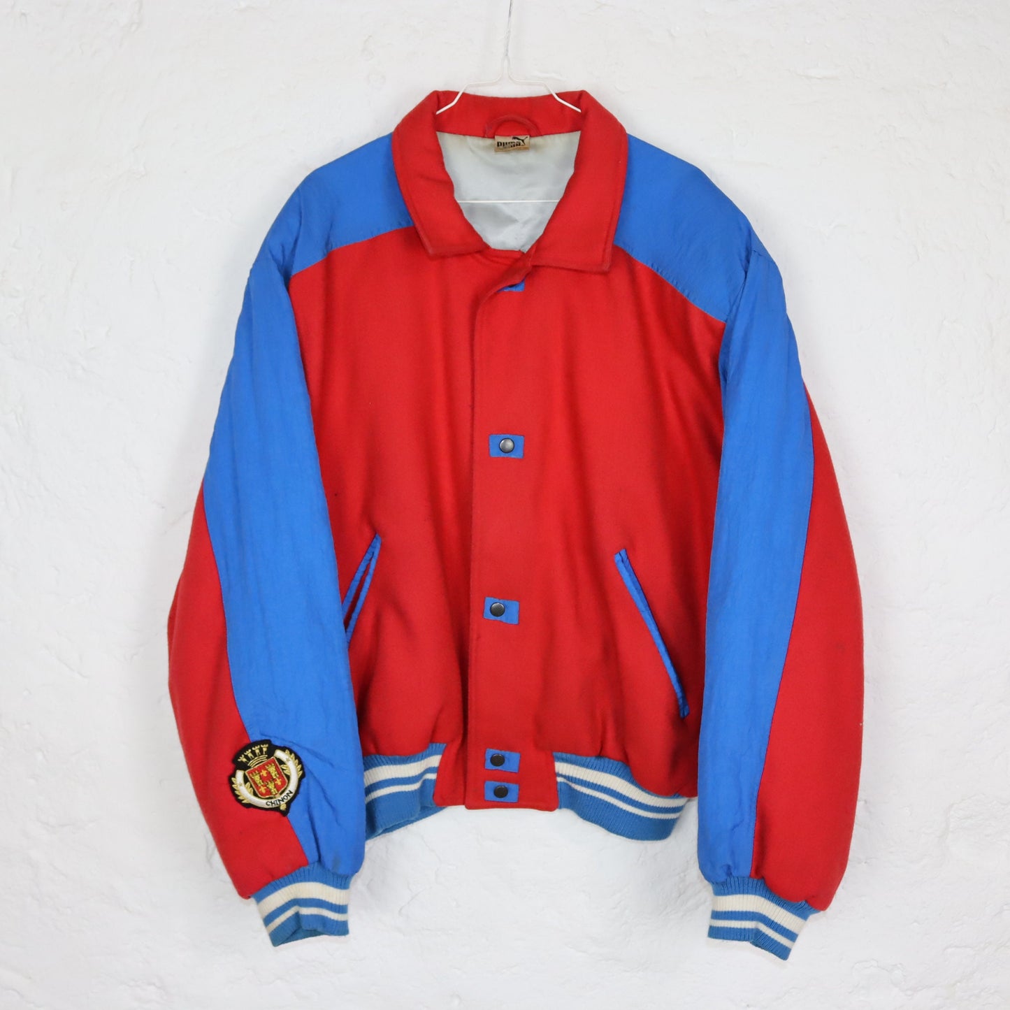 Vintage 80s 90s PUMA college jacket baseball jacket lined blue red Chinon crest patch shoulder pads 50