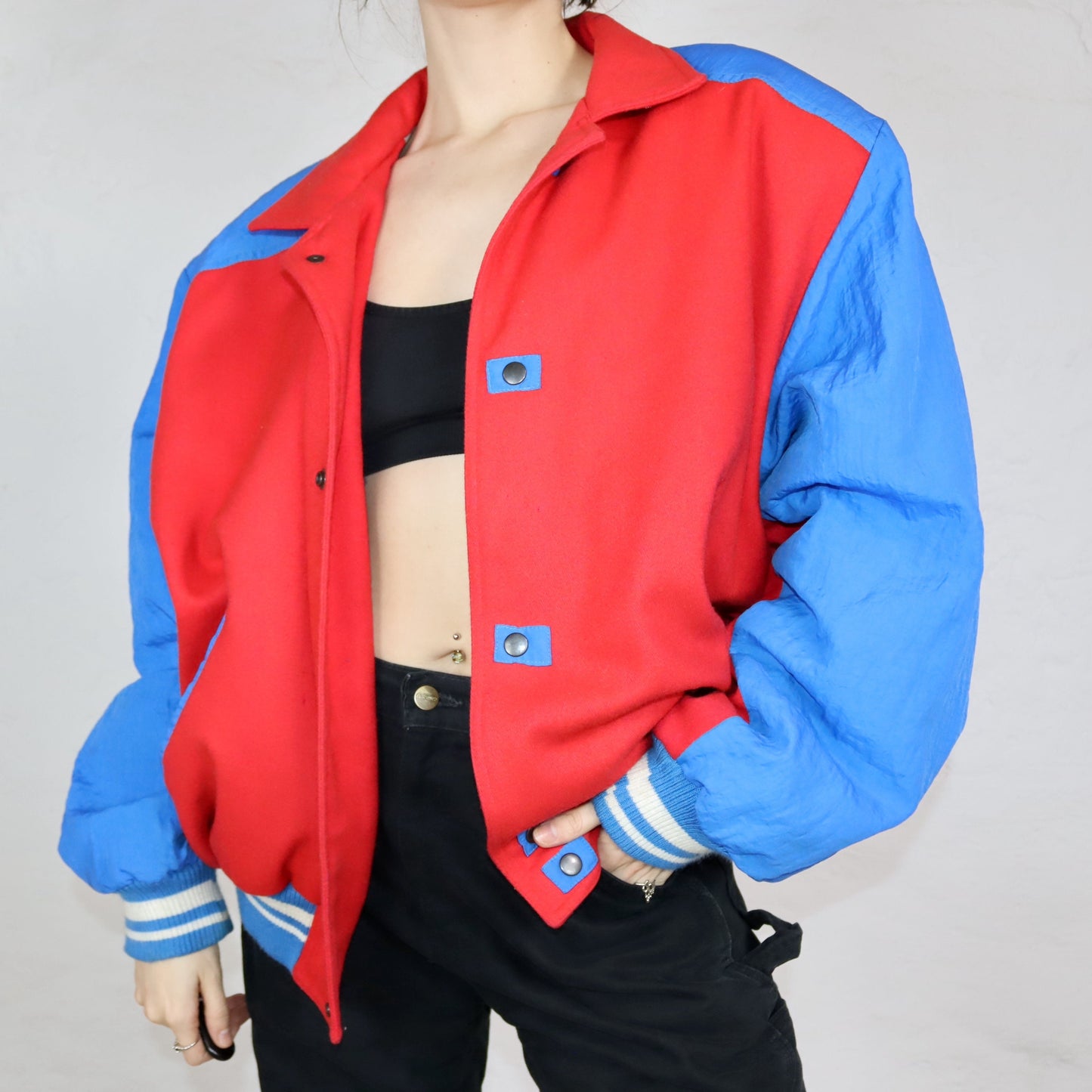 Vintage 80s 90s PUMA college jacket baseball jacket lined blue red Chinon crest patch shoulder pads 50