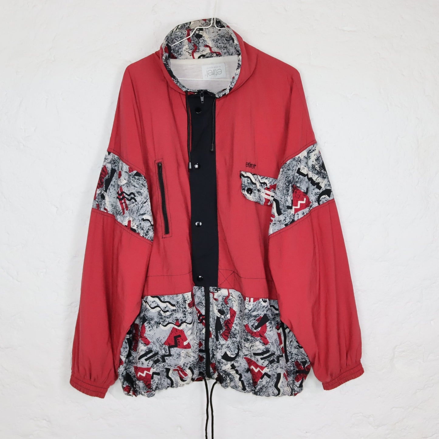 Vintage 80s 90s ETIREL tracksuit jacket windbreaker jacket crazy pattern red black double-layered 56 XL