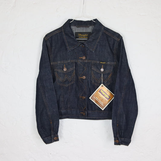 Vintage 90er 00er Y2K WRANGLER Jeansjacke dünn kurz eng dunkelblau UNGETRAGEN mit Etikett M