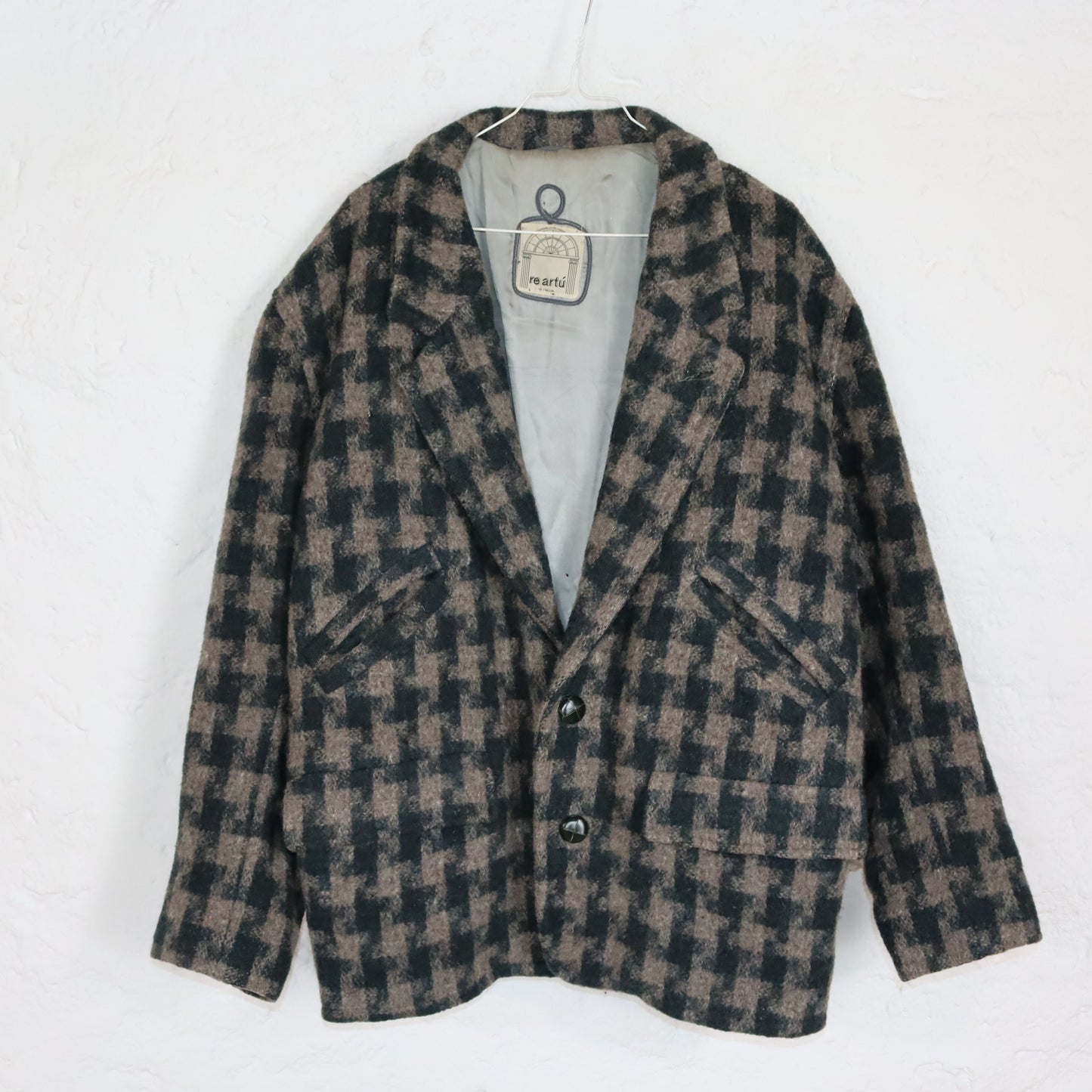 Vintage 80er 90er RE ARTU Wollmantel Mantel Blazer Schurwolle Schulterpolster kariert braun dunkelblau 50 L