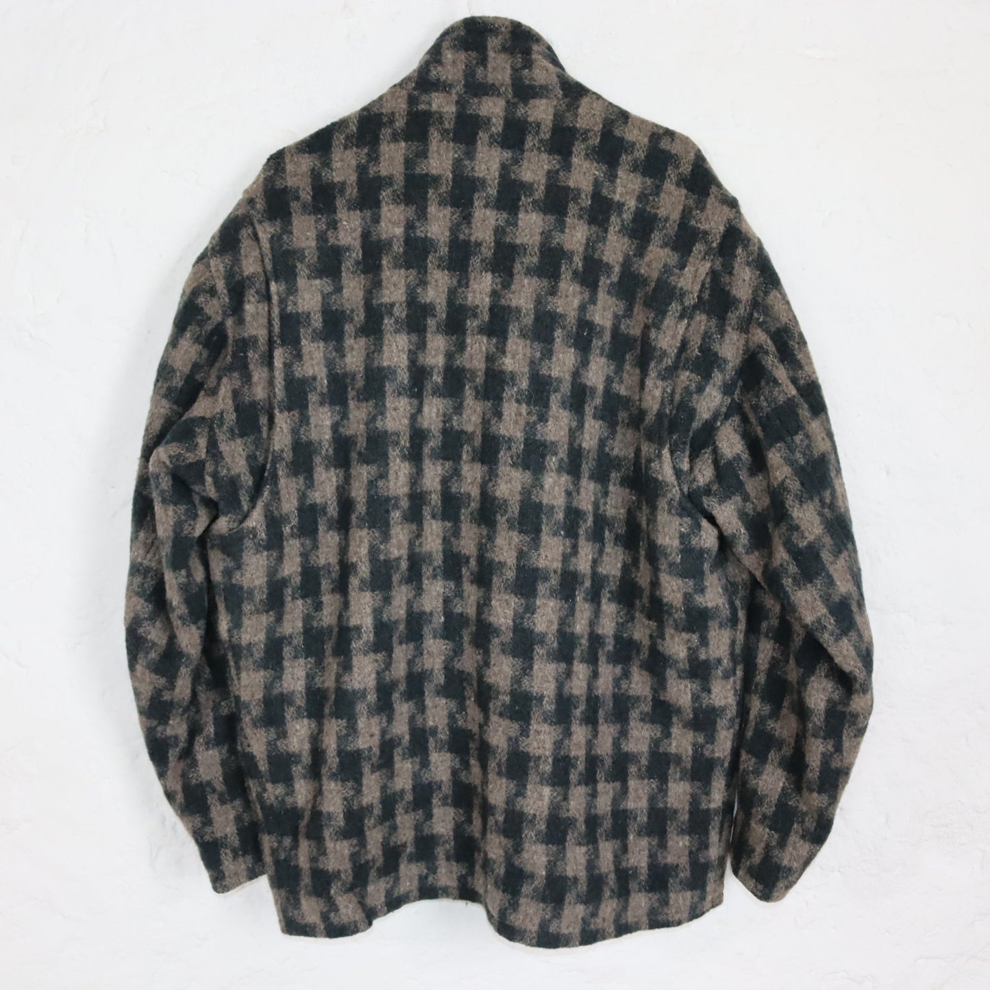 Vintage 80er 90er RE ARTU Wollmantel Mantel Blazer Schurwolle Schulterpolster kariert braun dunkelblau 50 L