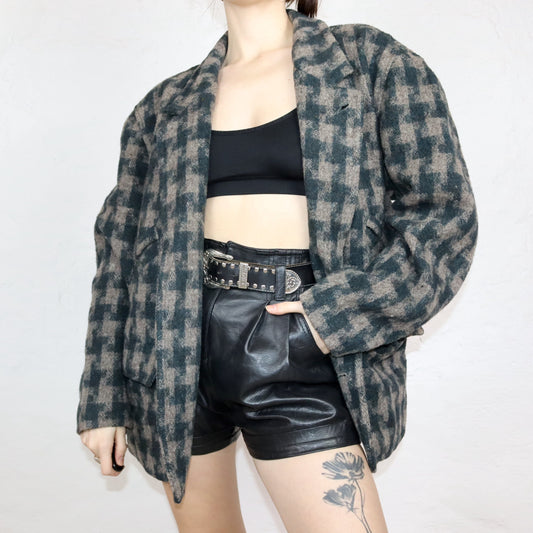 Vintage 80er 90er RE ARTU Wollmantel Mantel Blazer Schurwolle Schulterpolster kariert braun dunkelblau 50 L