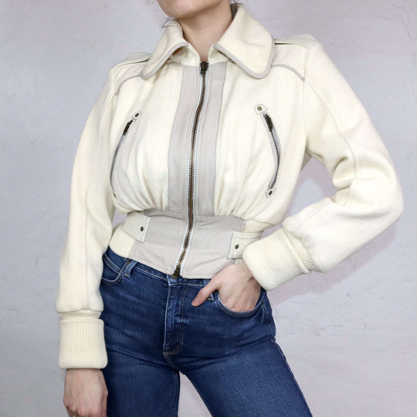 Vintage 80s 90s DIESEL Premium wool jacket jacket wool leather cream white tailored point collar S