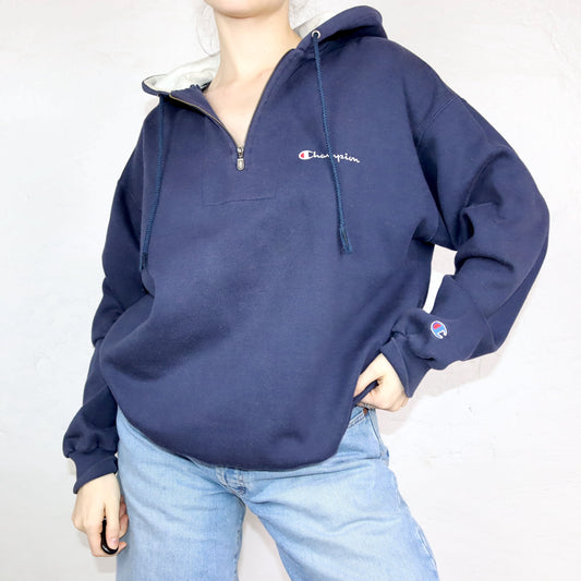 Vintage 80er 90er CHAMPION Hoodie Pullover Reißverschluss dunkelblau grau XL
