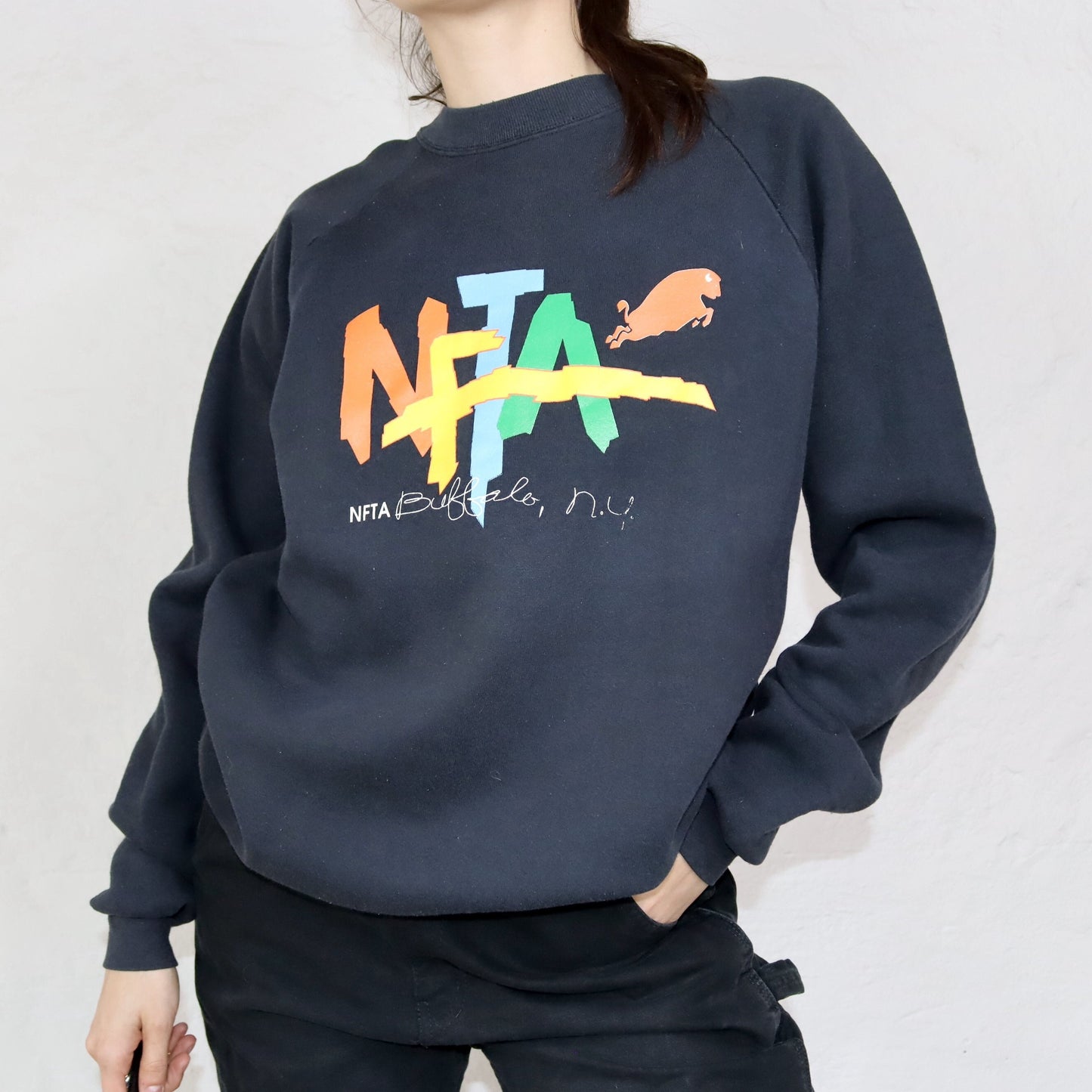 Vintage 80er 90er NFTA Buffalo NY Sweatshirt Pullover Print schwarz L