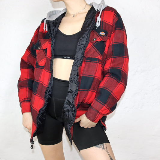 Vintage 90er 00er Y2k DICKIES Workwear Flanellhemd Jacke mit Kapuze gefüttert schwarz rot L