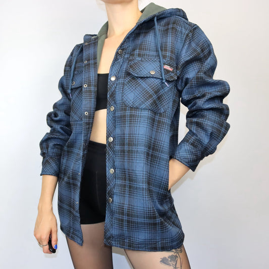 Vintage 90er 00er Y2k DICKIES Workwear Flanellhemd Jacke mit Kapuze blau schwarz S
