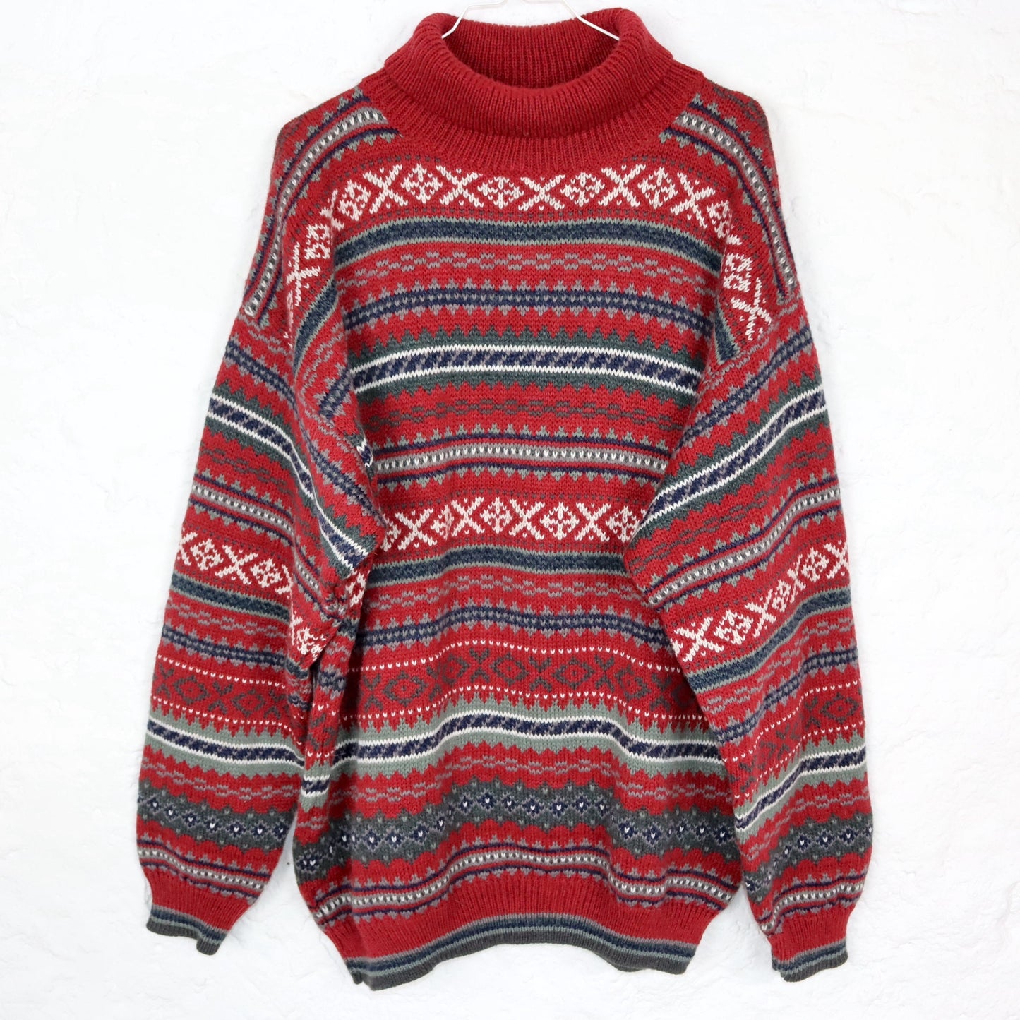 Vintage 80er 90er TRADER Wollpullover Pullover Rollkragen Alpaka Wolle gemustert rot L