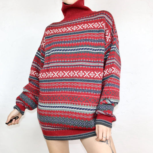 Vintage 80er 90er TRADER Wollpullover Pullover Rollkragen Alpaka Wolle gemustert rot L