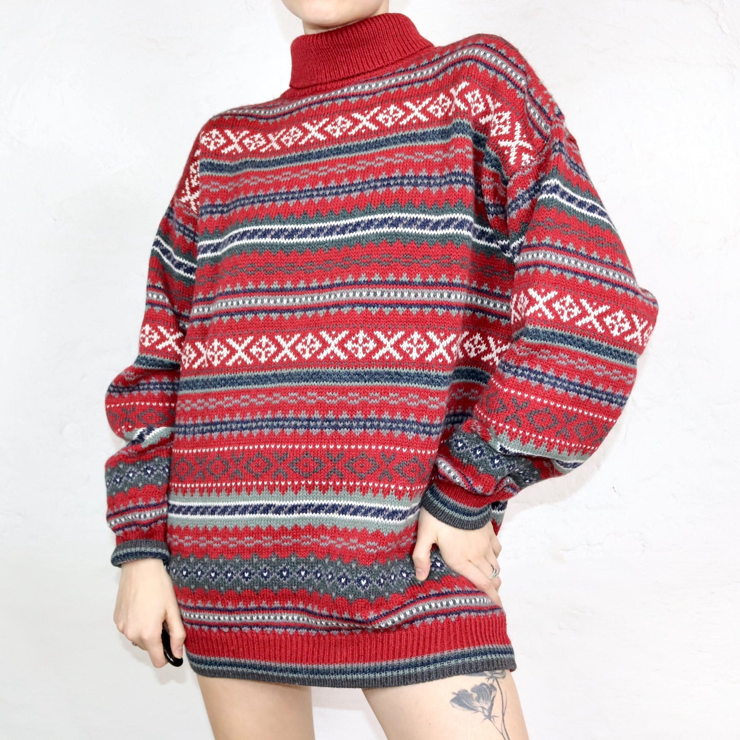 Vintage 80er 90er TRADER Wollpullover Pullover Rollkragen Alpaka Wolle gemustert rot L