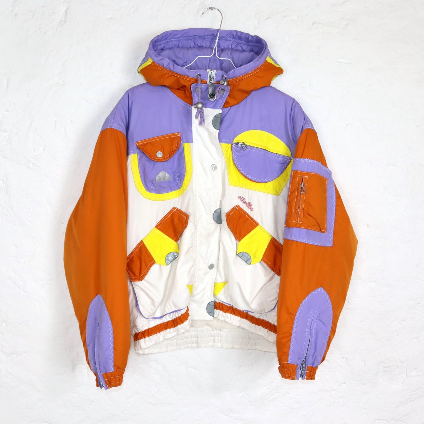 Vintage 80s 90s ELLESSE Rare Ski Jacket Winter Jacket Lined White Orange Lilac Yellow Thermal Insulation 38/40