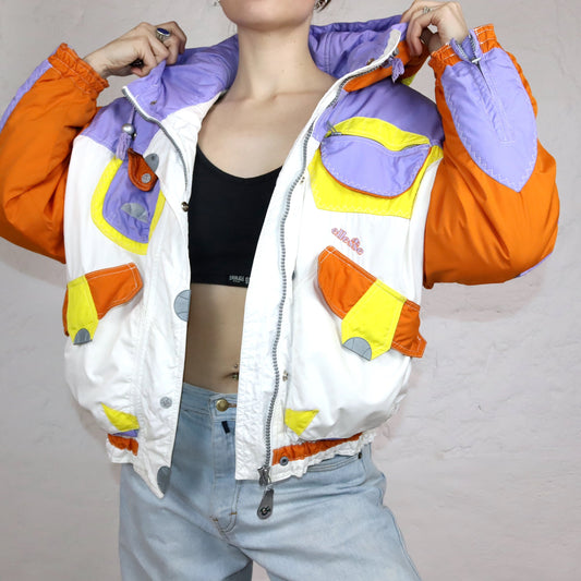 Vintage 80er 90er ELLESSE Rare Skijacke Winterjacke gefüttert weiß orange flieder gelb Thermal Insulation 38/40