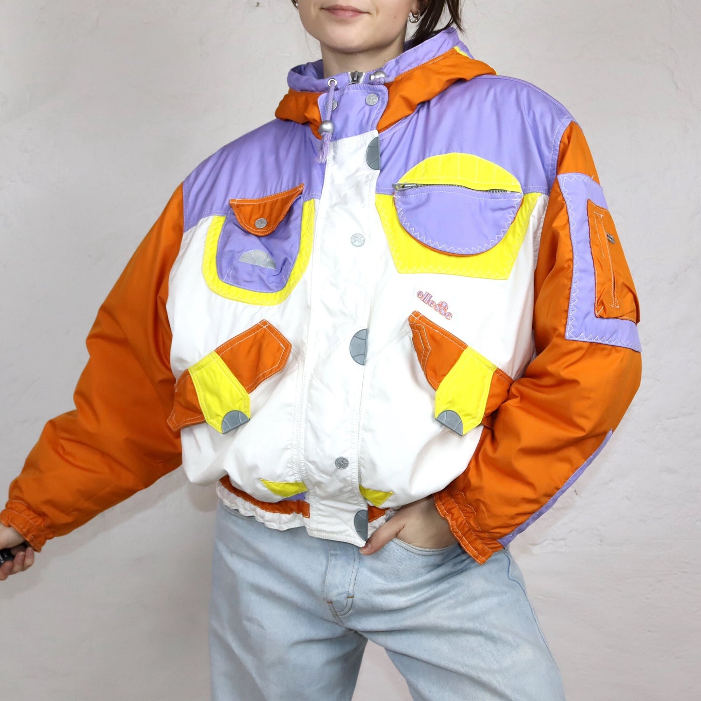 Vintage 80s 90s ELLESSE Rare Ski Jacket Winter Jacket Lined White Orange Lilac Yellow Thermal Insulation 38/40