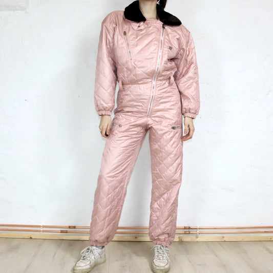 Vintage 80er 90er BELFE Skianzug Skioverall glänzend rosa Faux Fur Kragen Schulterpolster 42