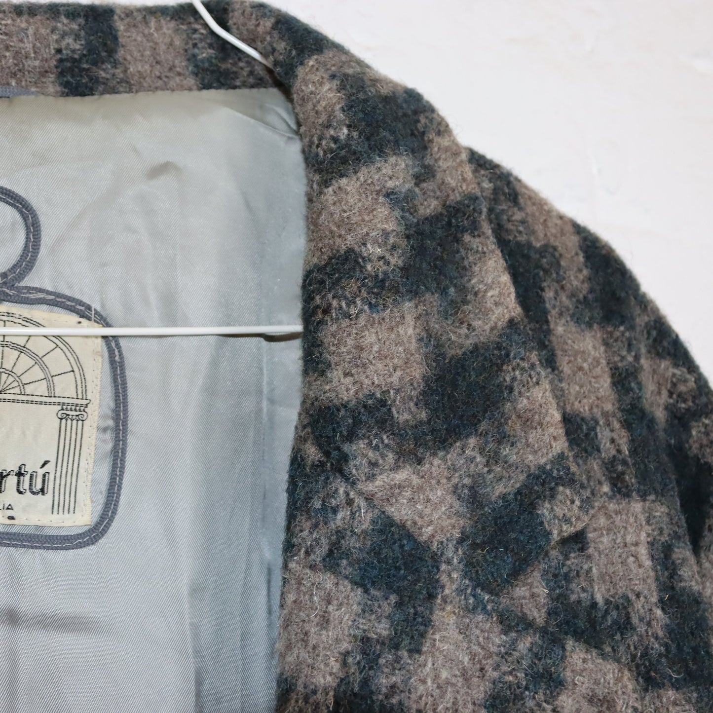 Vintage 80er 90er RE ARTU Wollmantel Mantel Blazer Schurwolle Schulterpolster kariert braun dunkelblau 50 L
