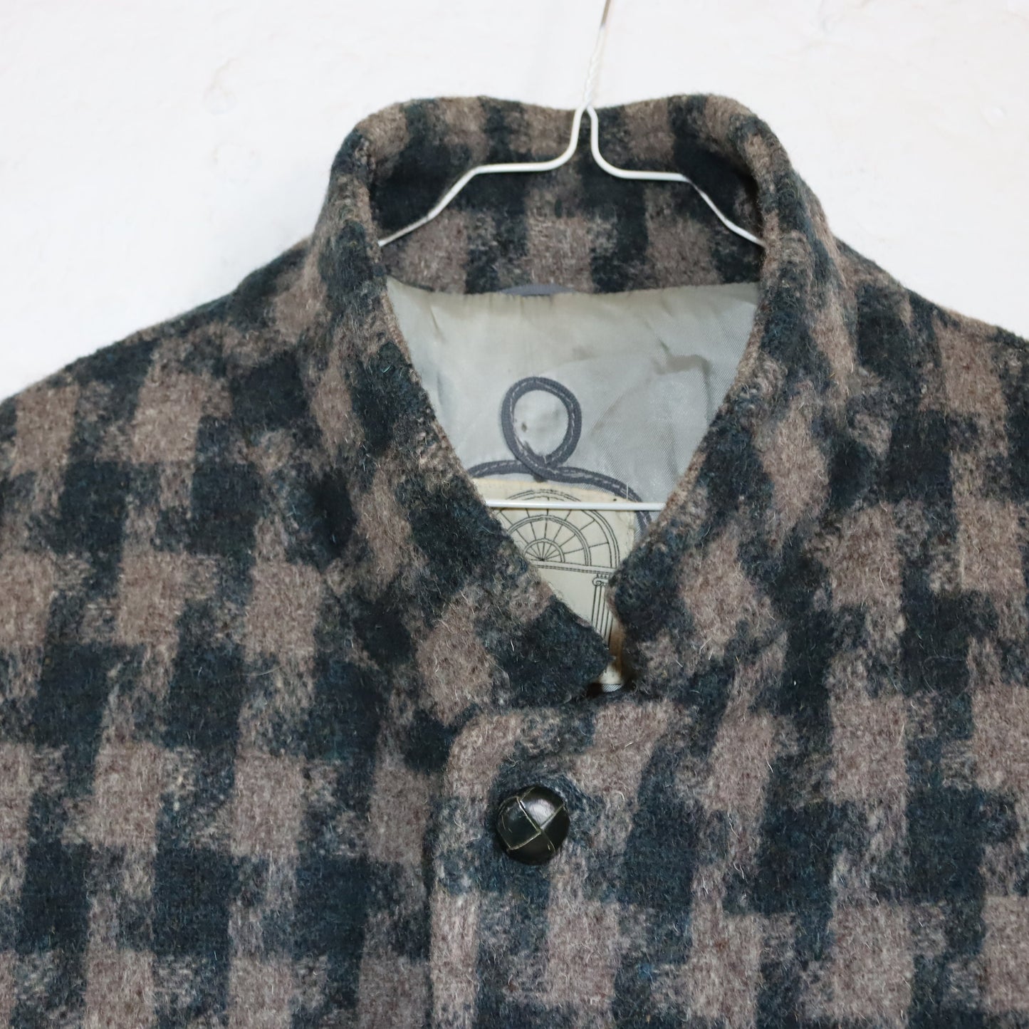 Vintage 80er 90er RE ARTU Wollmantel Mantel Blazer Schurwolle Schulterpolster kariert braun dunkelblau 50 L