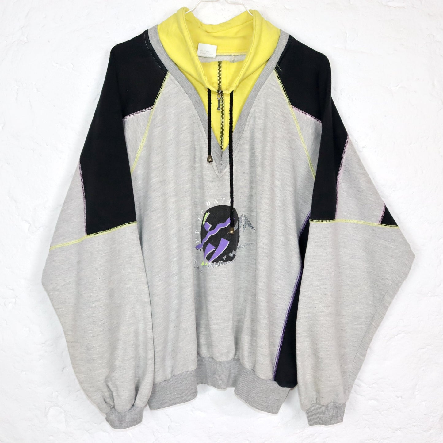 Vintage 80er 90er JOWITEX Sweatshirt Pullover Stehkragen Reißverschluss Print grau schwarz gelb L