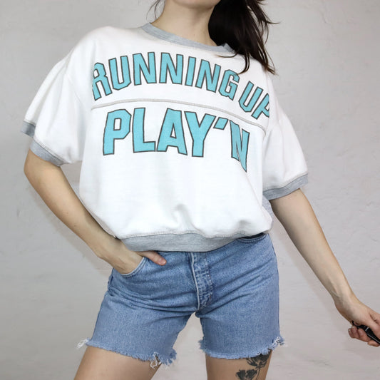 Vintage 80er 90er Sweatshirt Top kurzarm crop bauchfrei weiß grau M/L