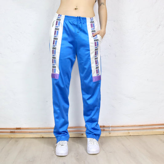 Vintage 80er 90er ASICS Jogginghose Trainingshose blau weiß glänzend 50 L