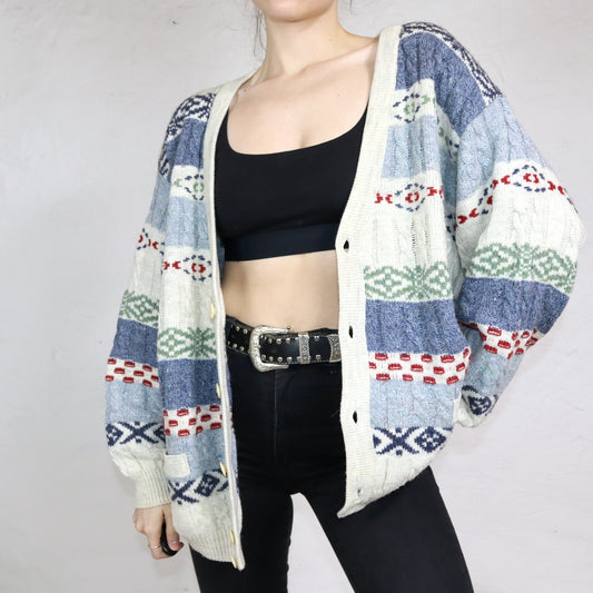 Vintage 80er 90er GIO FERRARI Premium Cardigan Strickjacke Wolle gemustert beige blau XL