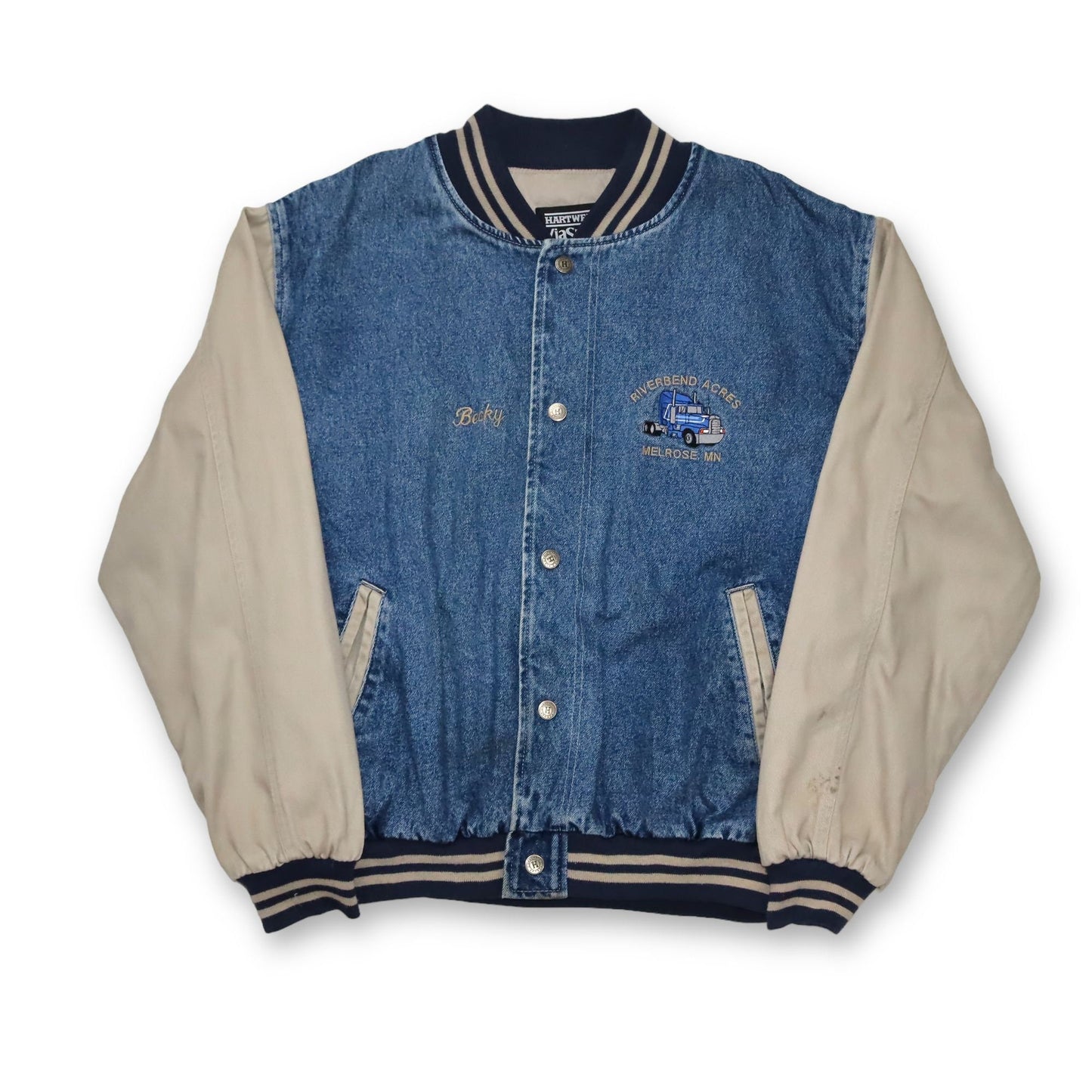 Vintage 80s 90s HARTWELL VIASPORT baseball jacket denim jacket beige blue Riverbend Acres Melrose L