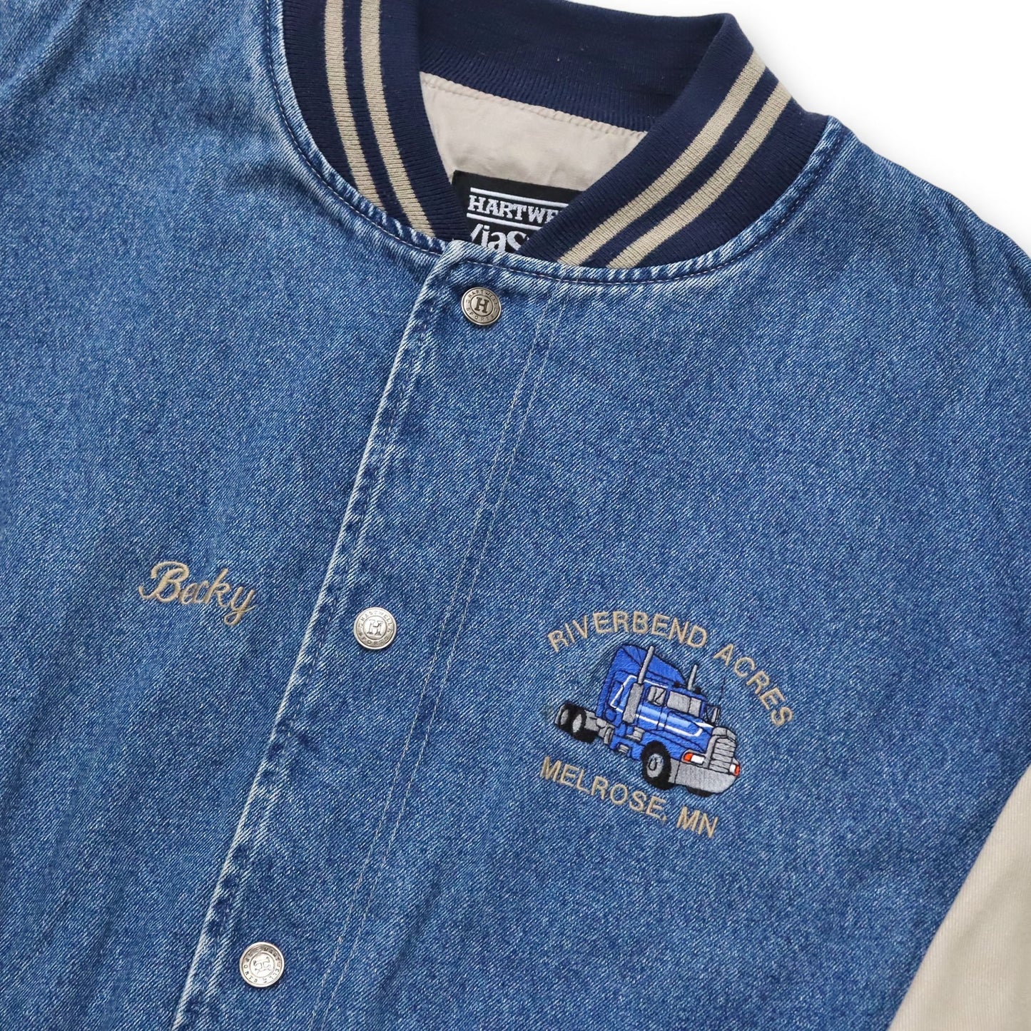 Vintage 80s 90s HARTWELL VIASPORT baseball jacket denim jacket beige blue Riverbend Acres Melrose L