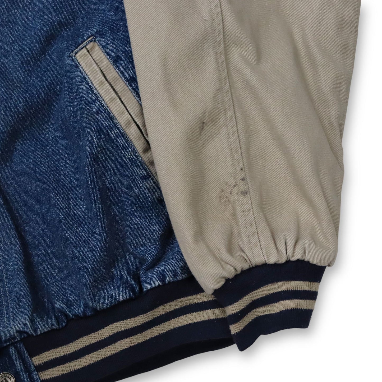 Vintage 80s 90s HARTWELL VIASPORT baseball jacket denim jacket beige blue Riverbend Acres Melrose L