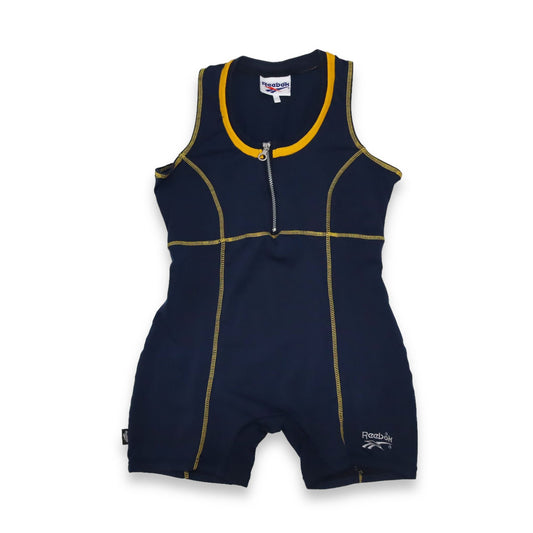 Vintage 80er 90er REEBOK Trainingseinteiler Gymnastikbody dunkelblau gelb 40