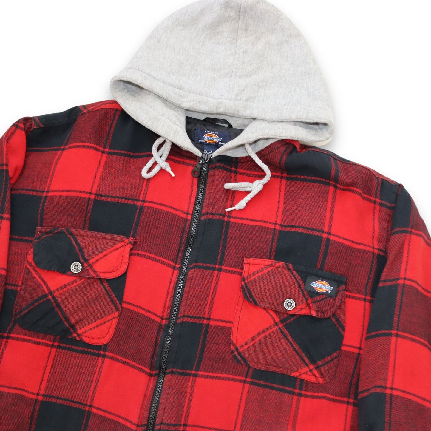 Vintage 90er 00er Y2k DICKIES Workwear Flanellhemd Jacke mit Kapuze gefüttert schwarz rot L