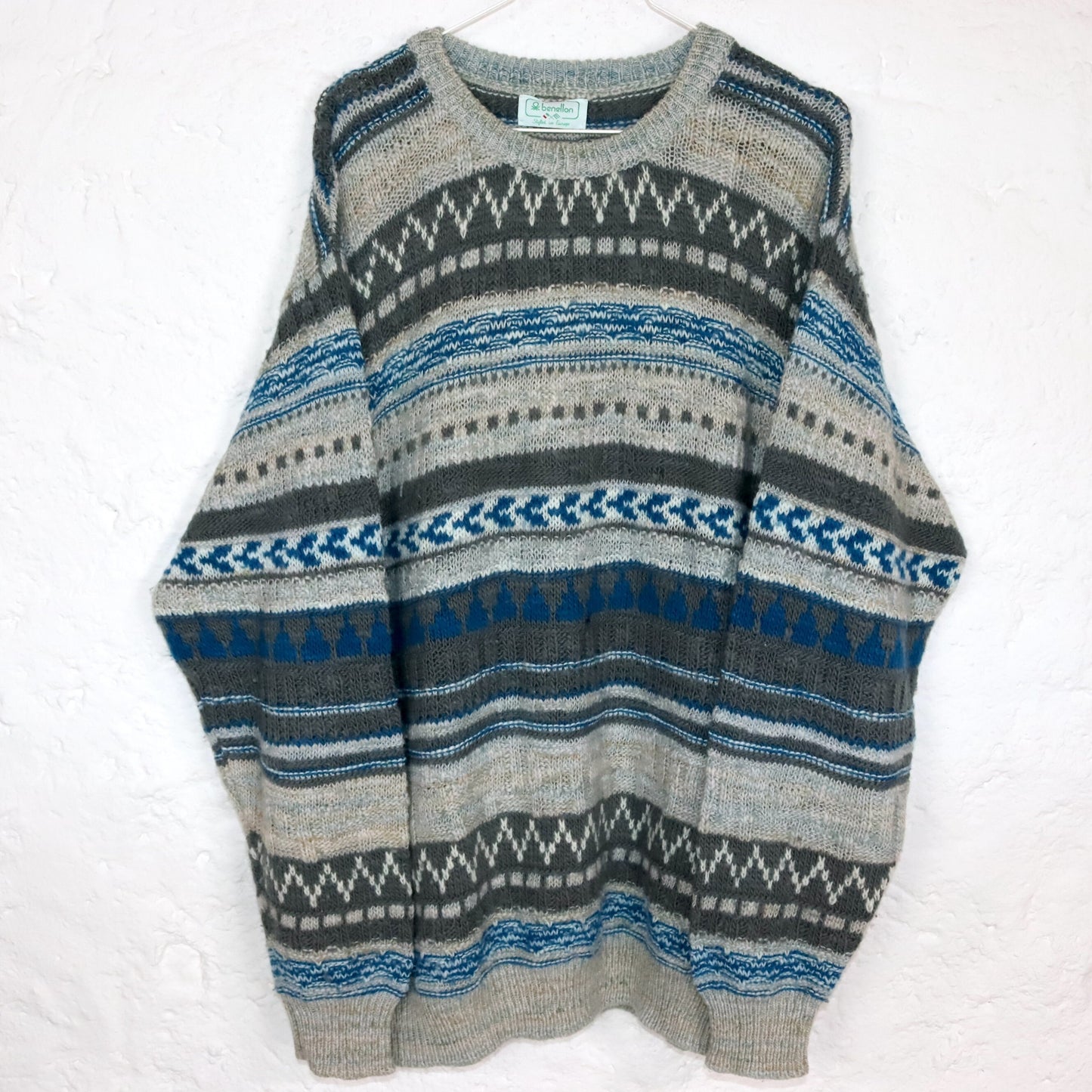 Vintage 80er 90er BENETTON Wollpullover Pullover wolle gemustert blau weiß grau 50 L