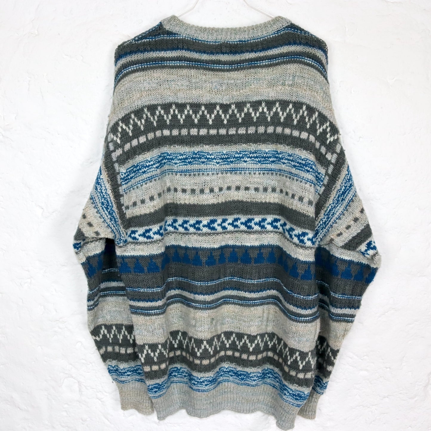Vintage 80er 90er BENETTON Wollpullover Pullover wolle gemustert blau weiß grau 50 L