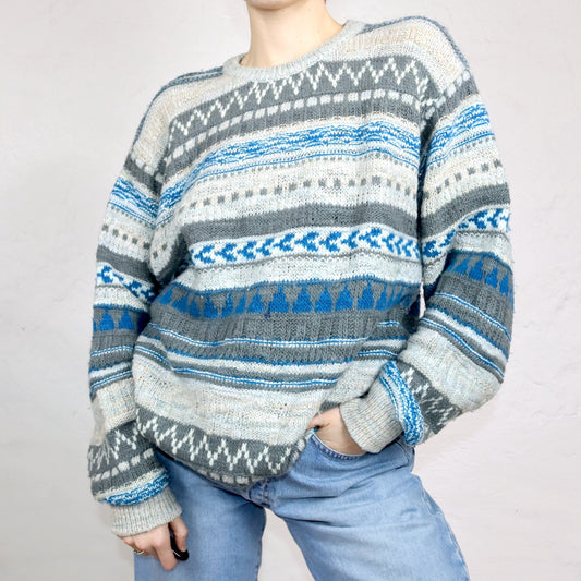 Vintage 80er 90er BENETTON Wollpullover Pullover wolle gemustert blau weiß grau 50 L