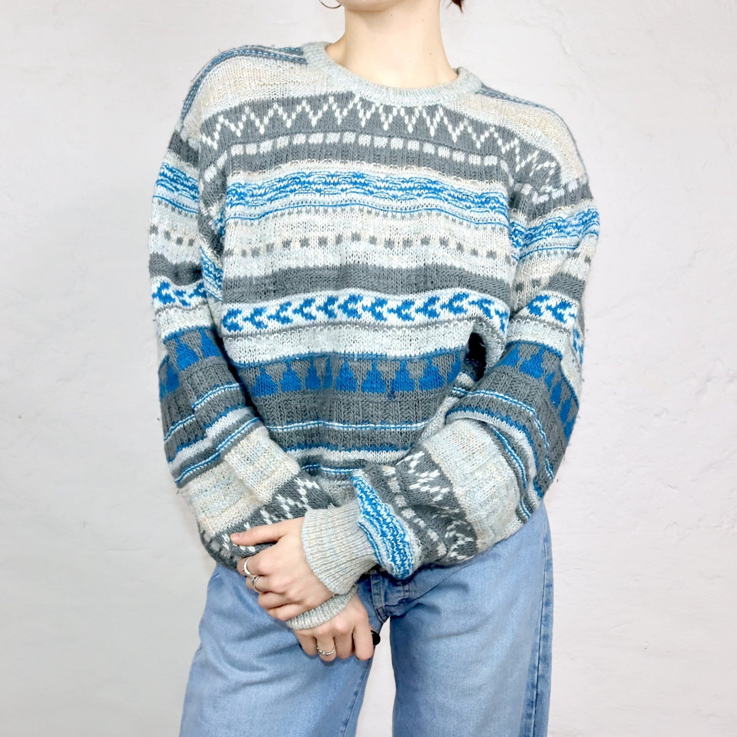 Vintage 80er 90er BENETTON Wollpullover Pullover wolle gemustert blau weiß grau 50 L