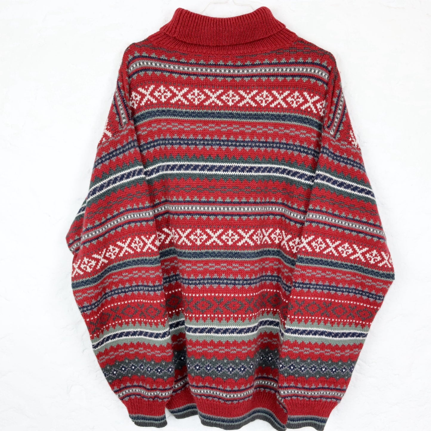 Vintage 80er 90er TRADER Wollpullover Pullover Rollkragen Alpaka Wolle gemustert rot L