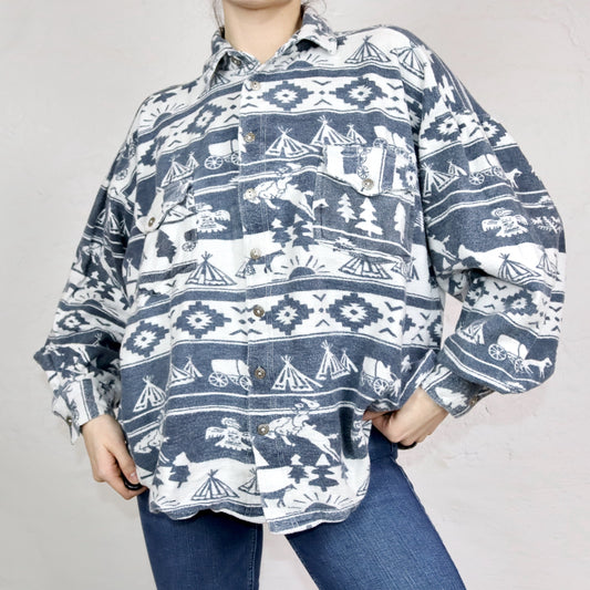 Vintage 80er 90er SALT & LAKE Flanellhemd langarm gemustert grau weiß L