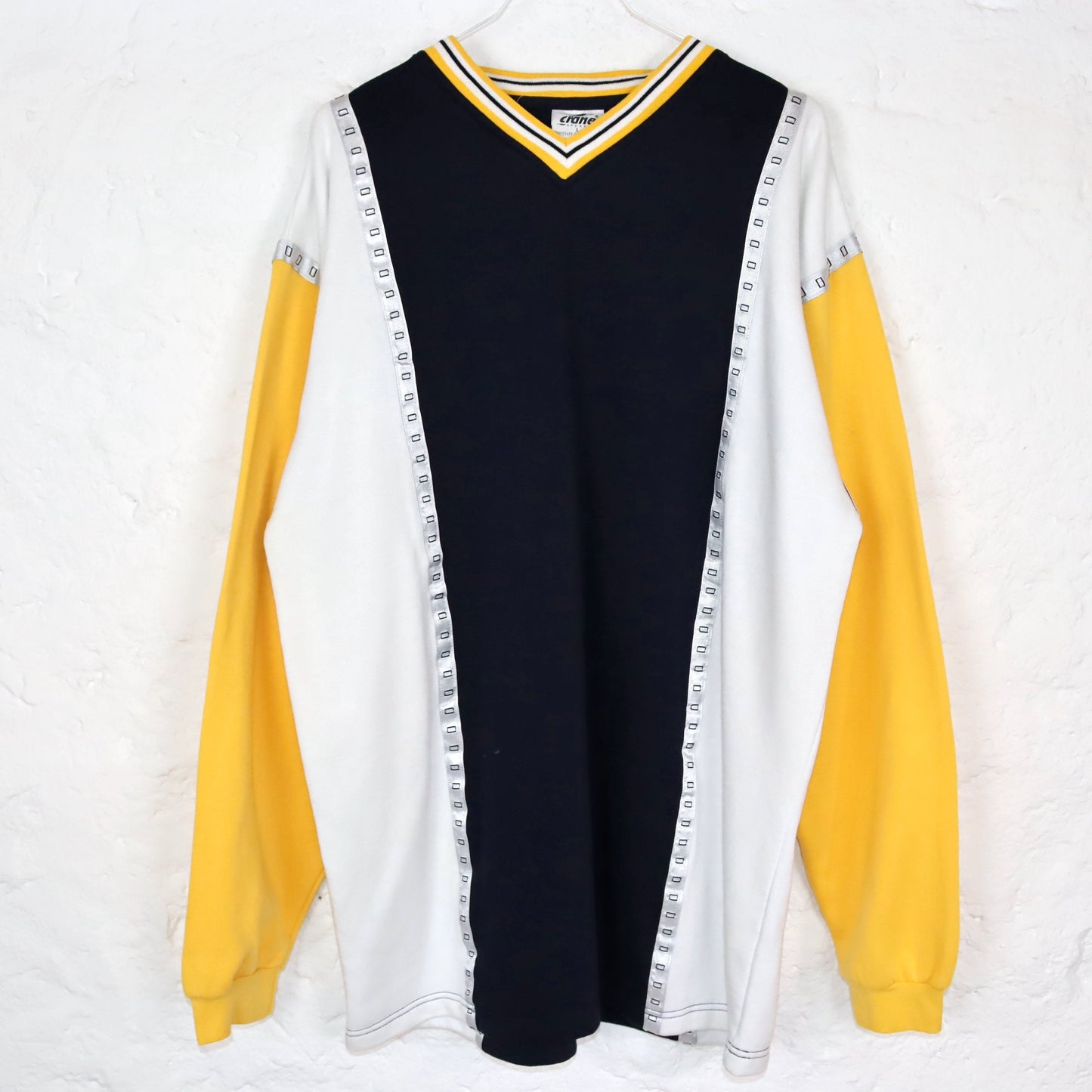 Vintage 80er 90er CRANE Sweatshirt Pullover V-Ausschnitt gelb weiß dunkelblau L