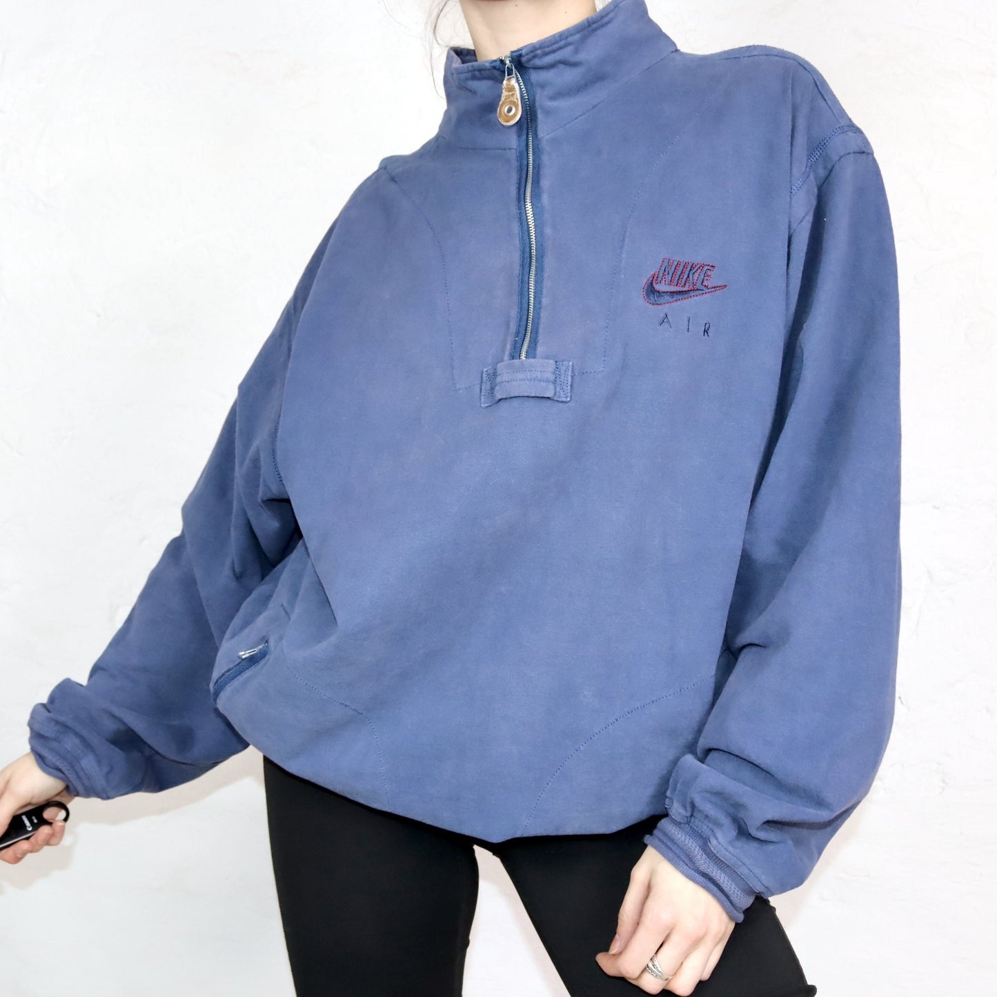 Vintage 80er 90er NIKE AIR Sweatshirt Pullover Stehkragen Taschen Reißverschluss dunkelblau M