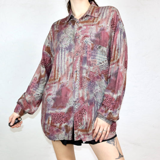 Vintage 80er 90er FABIO MORGANI Hemd langarm crazy pattern dunkelrot Viskose XL
