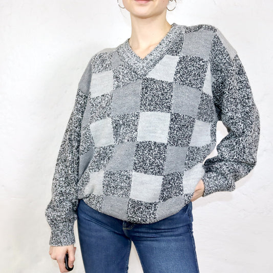 Vintage 80er 90er FILIPPO della VALLE Pullover Wollpullover Schachbrett V-Ausschnitt grau Made in Italy M