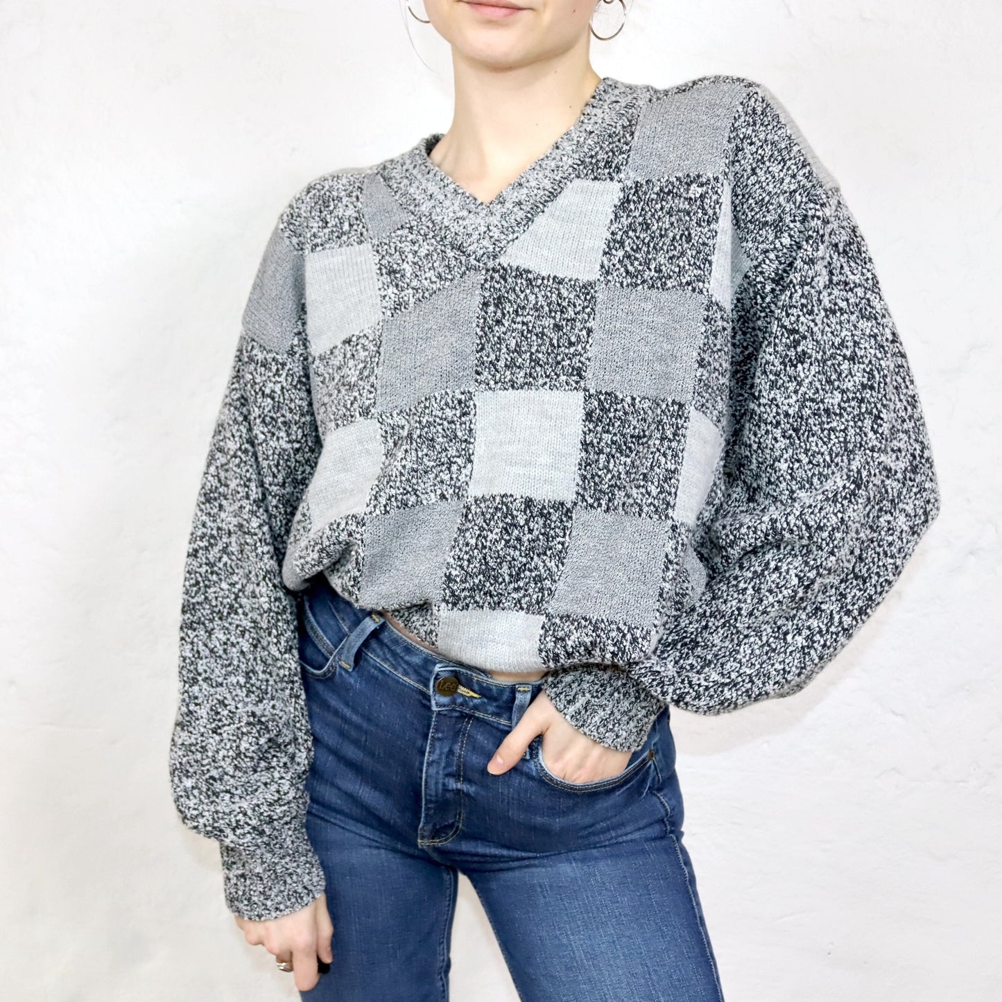 Vintage 80er 90er FILIPPO della VALLE Pullover Wollpullover Schachbrett V-Ausschnitt grau Made in Italy M