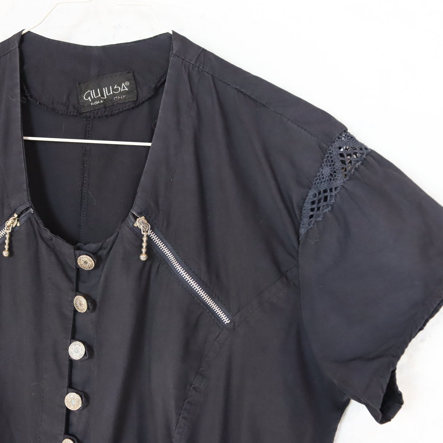 Vintage 80s 90s GIUJUSA one-piece jumpsuit short sleeve button row zips black M