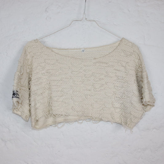 Vintage 90er 00er Y2k SPECIAL EFFECTS Crop Top Strukturstoff T-Shirt kurzarm bauchfrei cremeweiß S