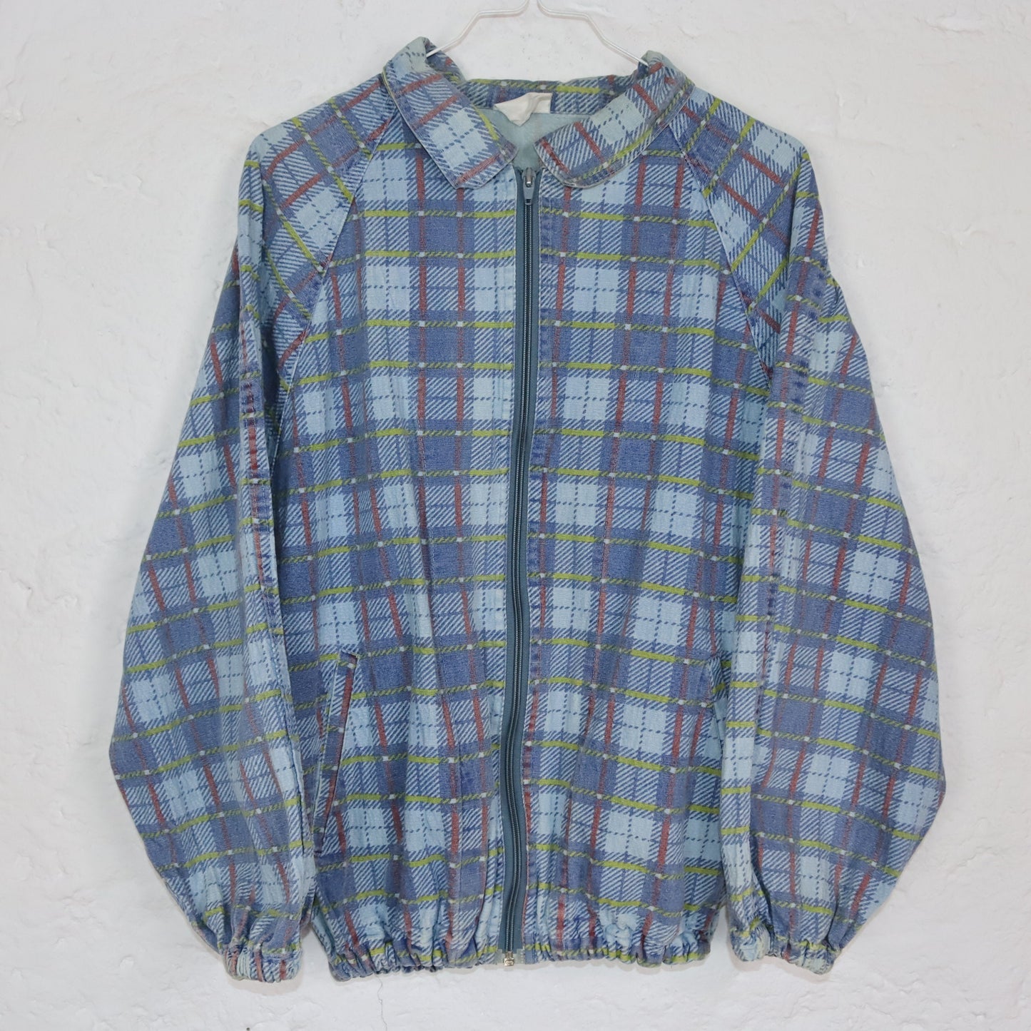Vintage 80er 90er Jeansjacke Bomberjacke Jacke kariert Denim gelb rot blau 38