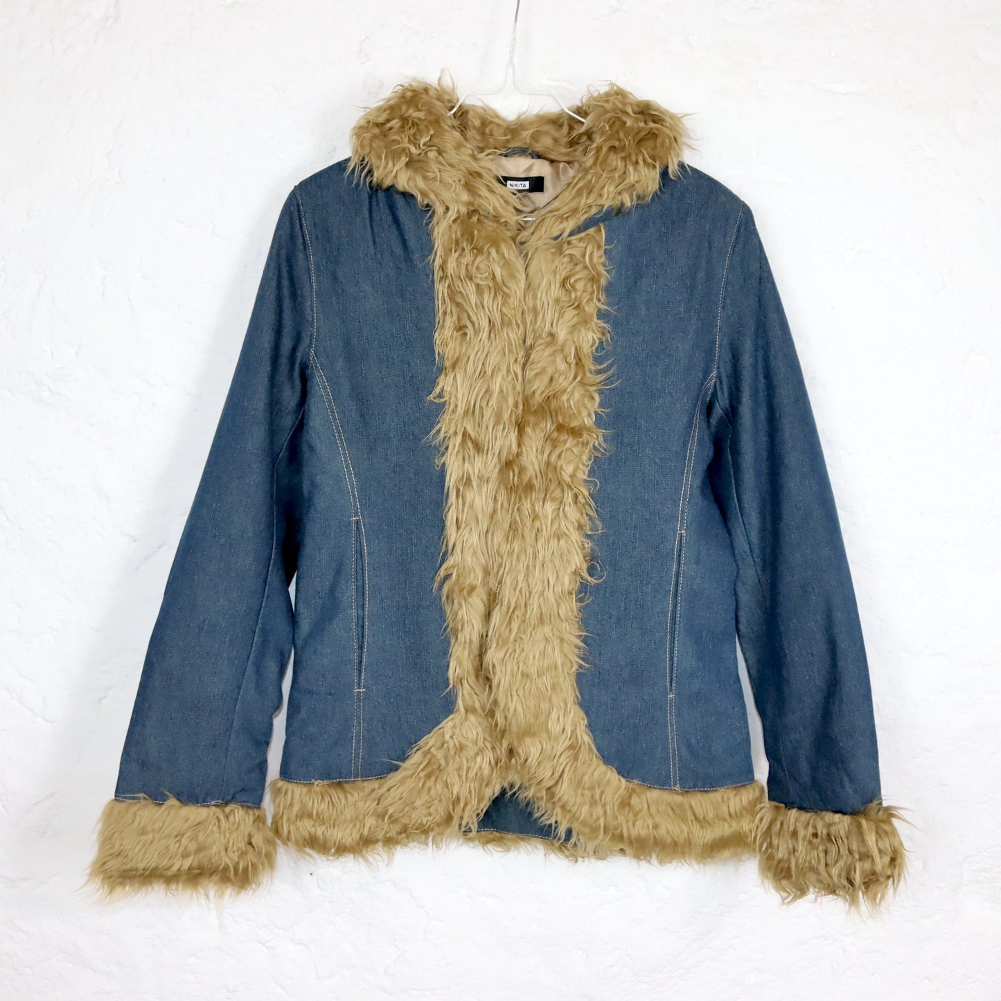 Vintage 00s Y2k NIKITA denim jacket lightly lined with faux fur details Boho shoulder pads Deadstock S