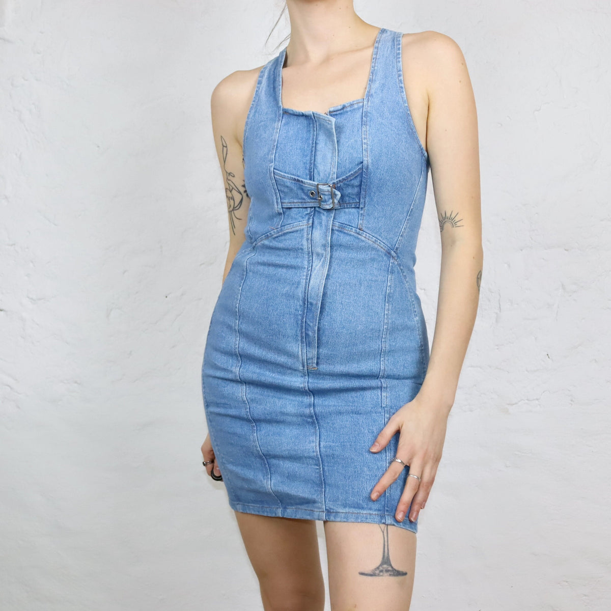 Vintage 80s 90s FLYTIME denim dress mini dress straps denim tight Made in Italy S/M