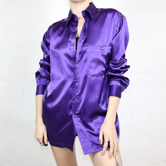 Vintage 80er 90er S.VALERO Hemd langarm glänzend lila L