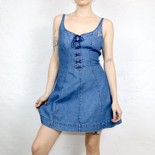 Vintage 80er 90er Jeanskleid Minikleid kurzes Kleid Denim Stickerei Details 38